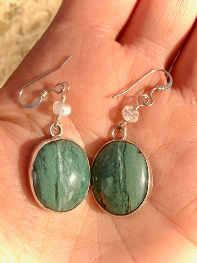 Chrysophrase and Faceted Moonstone Dangly Earrings